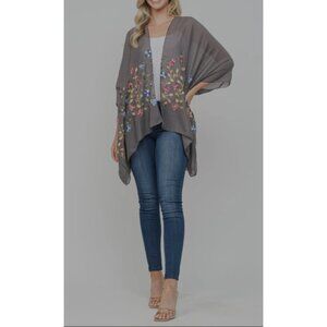 Raj‎ Vicki floral Ebroidered Kimono light weight Gray One Size New